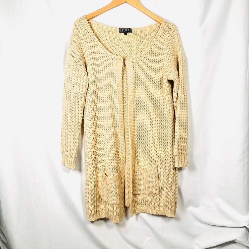 POL Chunky Knit Cotton Acrylic Longline Cardigan Neutralcore L Beige - Picture 2 of 9